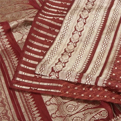 Sanskriti Vintage Dark Red Sarees Pure Satin Woven Brocade/Banarasi Sari Fabric
