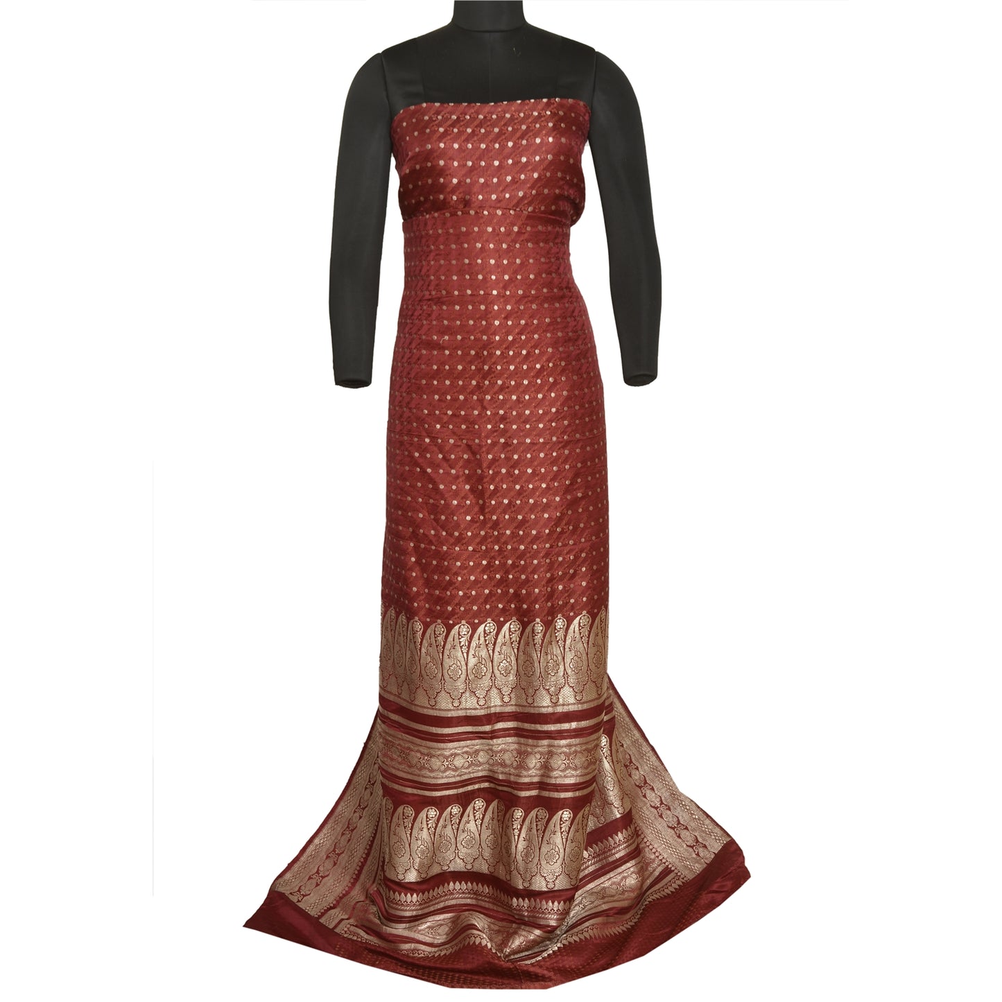 Sanskriti Vintage Dark Red Sarees Pure Satin Woven Brocade/Banarasi Sari Fabric