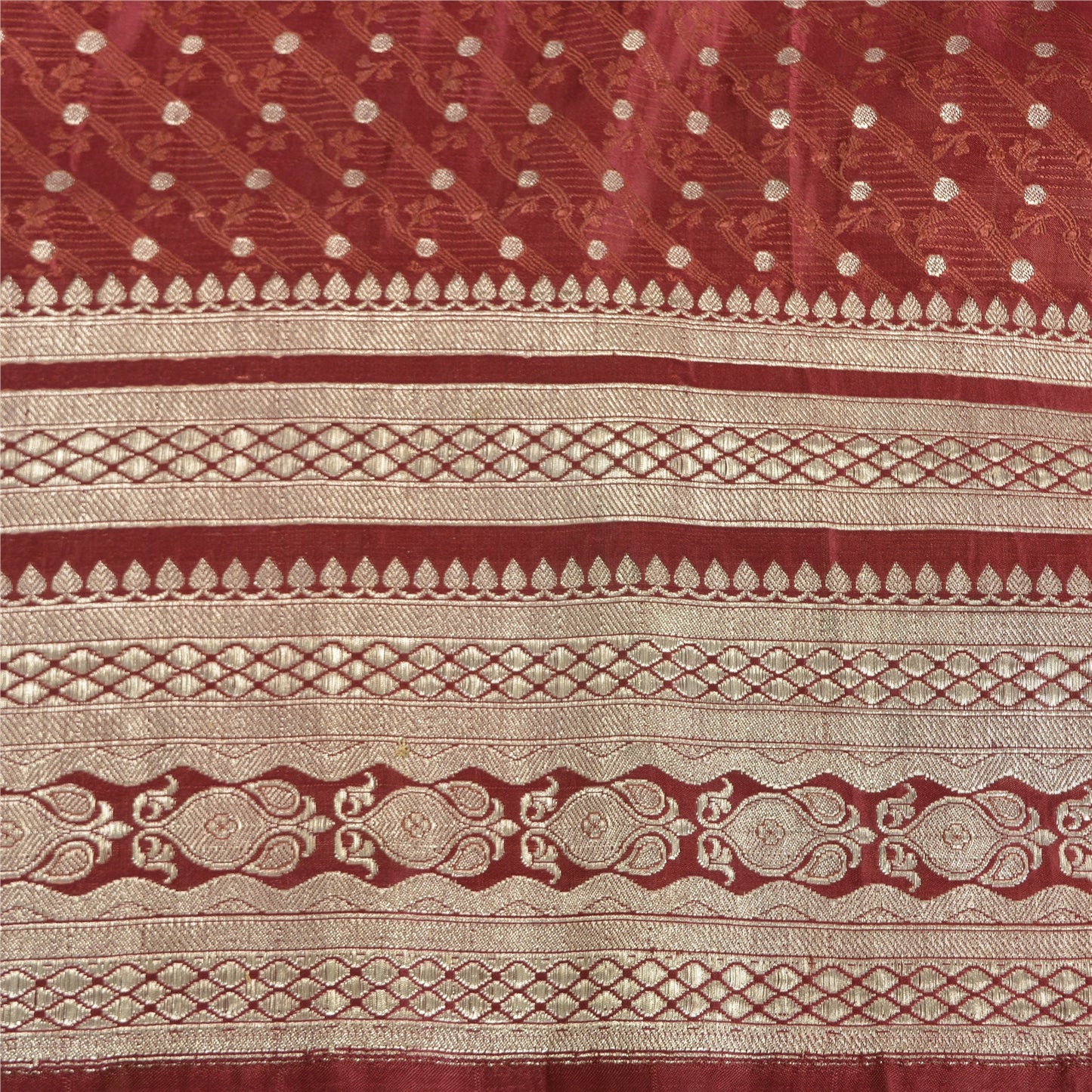 Sanskriti Vintage Dark Red Sarees Pure Satin Woven Brocade/Banarasi Sari Fabric