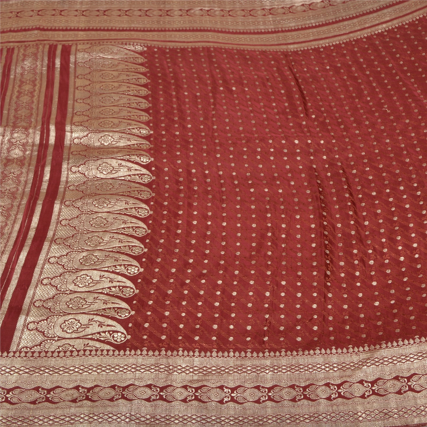 Sanskriti Vintage Dark Red Sarees Pure Satin Woven Brocade/Banarasi Sari Fabric