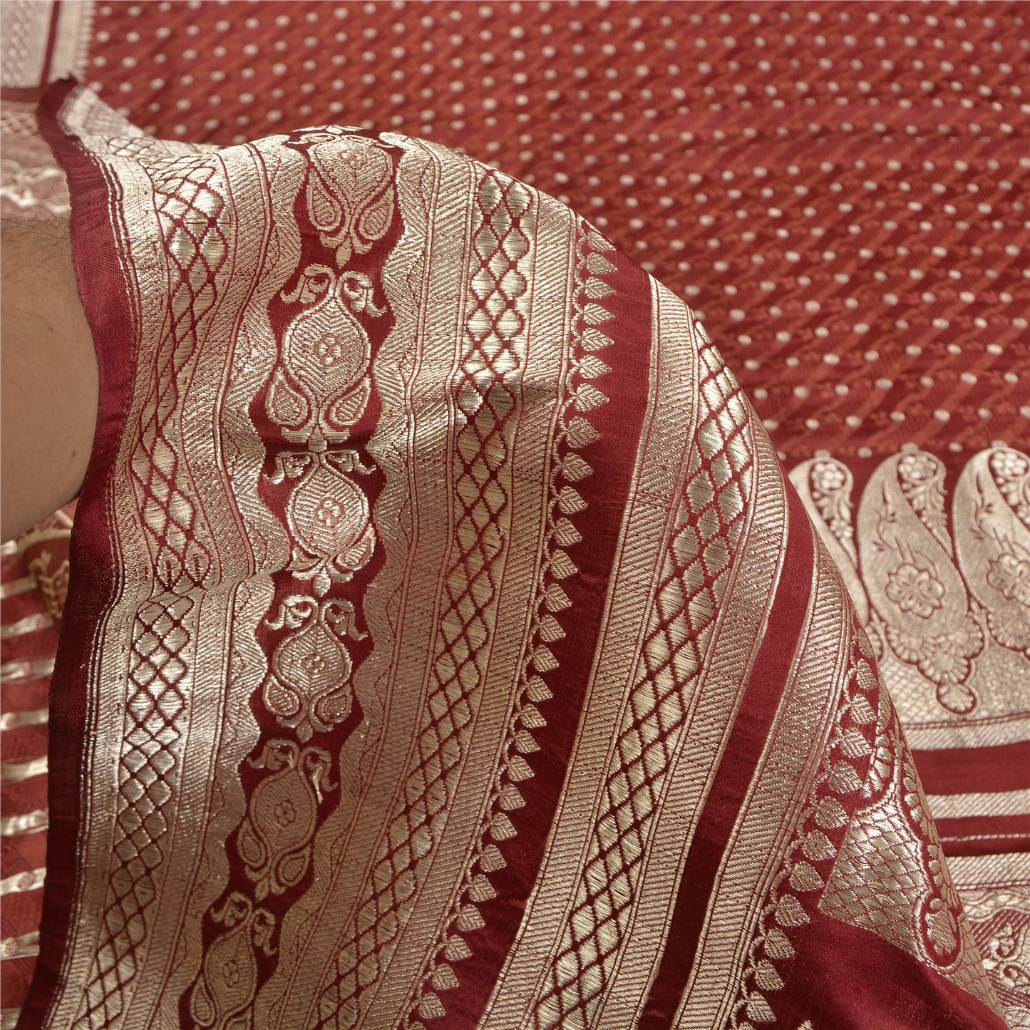Sanskriti Vintage Dark Red Sarees Pure Satin Woven Brocade/Banarasi Sari Fabric