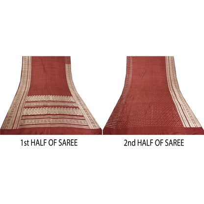 Sanskriti Vintage Dark Red Sarees Pure Satin Woven Brocade/Banarasi Sari Fabric
