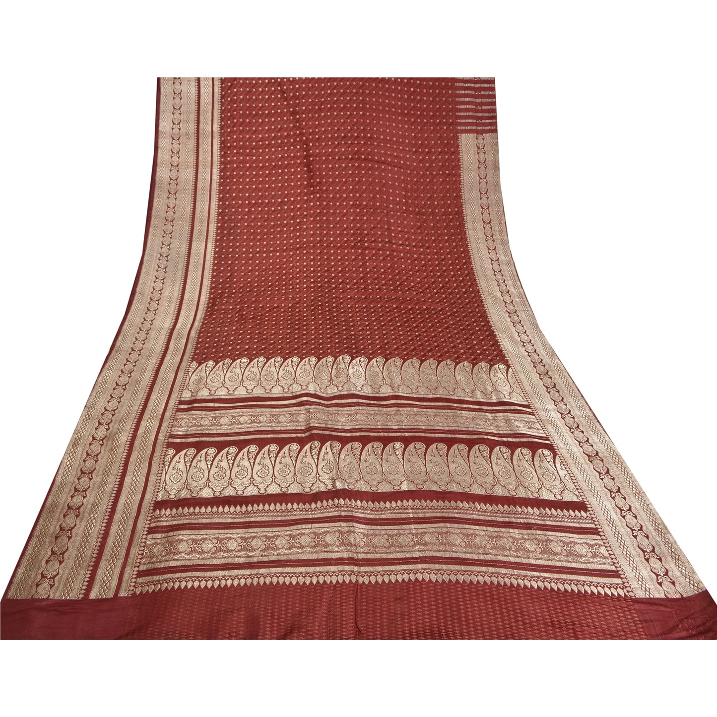 Sanskriti Vintage Dark Red Sarees Pure Satin Woven Brocade/Banarasi Sari Fabric