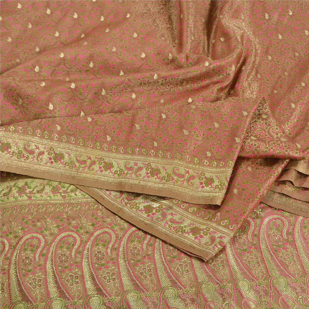 Sanskriti Vintage Peach Sarees Pure Satin Woven Brocade/Banarasi Sari Fabric