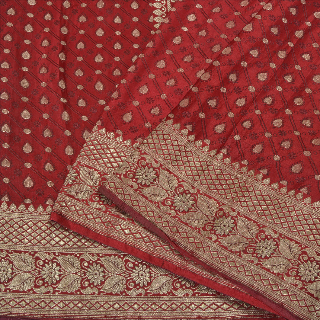Sanskriti Vintage Dark Red Sarees Pure Satin Woven Brocade/Banarasi Sari Fabric