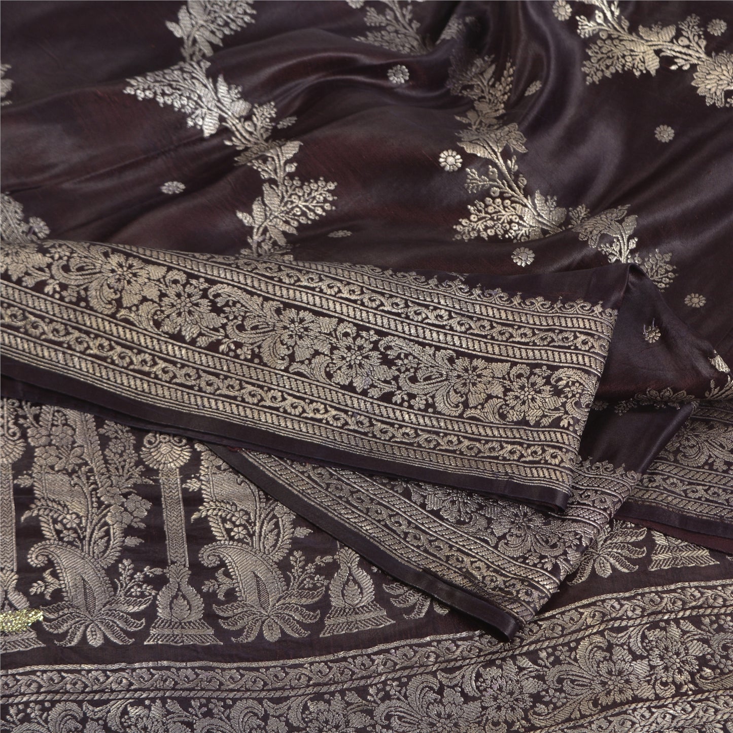 Sanskriti Vintage Dark Brown Sarees Pure Satin Silk Brocade/Banarasi Sari Fabric