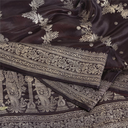 Sanskriti Vintage Dark Brown Sarees Pure Satin Silk Brocade/Banarasi Sari Fabric