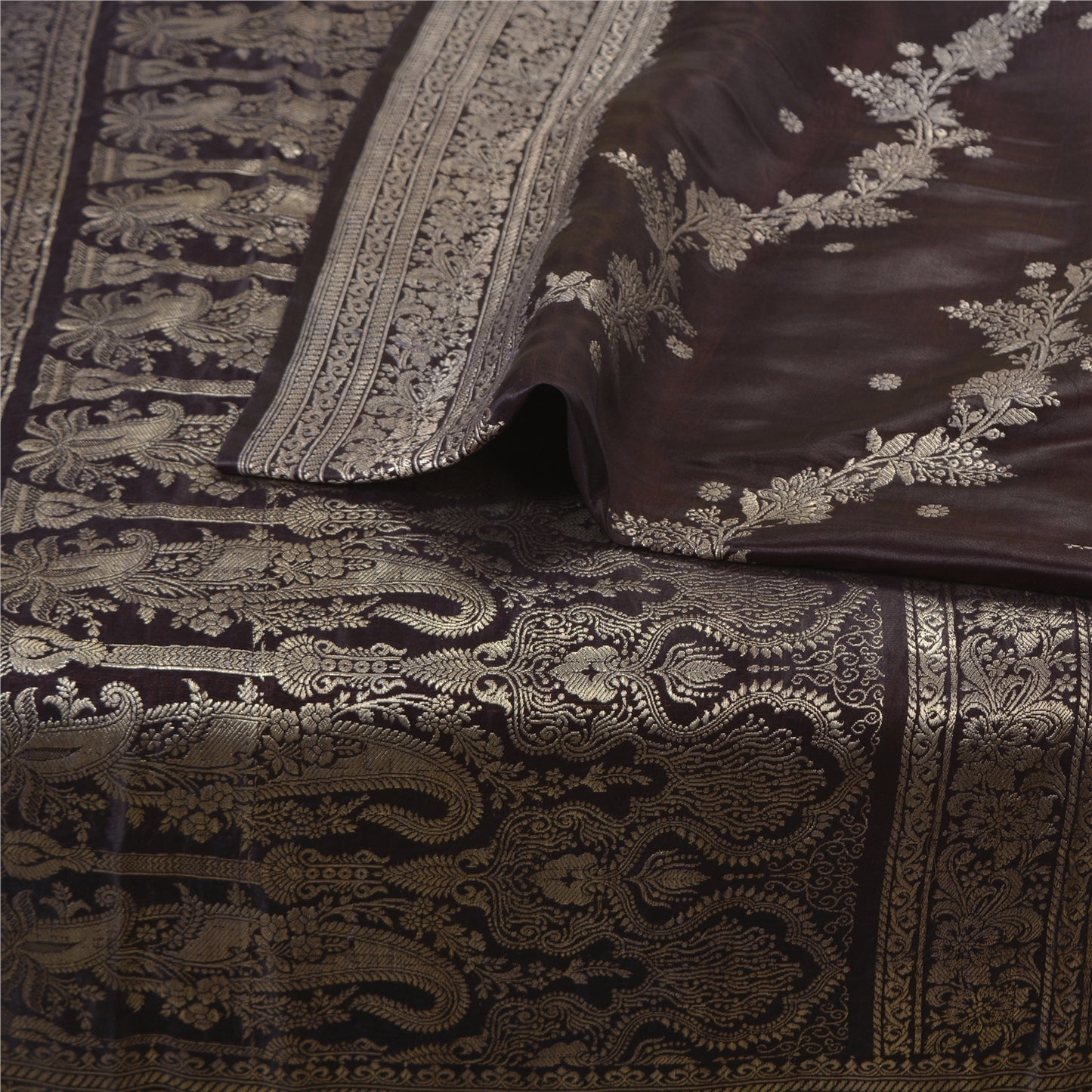 Sanskriti Vintage Dark Brown Sarees Pure Satin Silk Brocade/Banarasi Sari Fabric