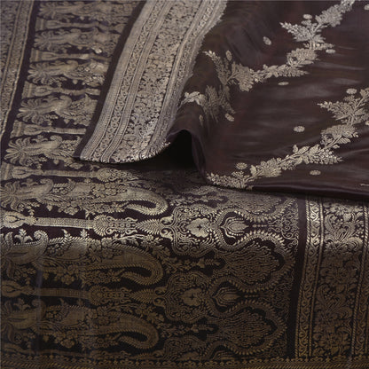Sanskriti Vintage Dark Brown Sarees Pure Satin Silk Brocade/Banarasi Sari Fabric
