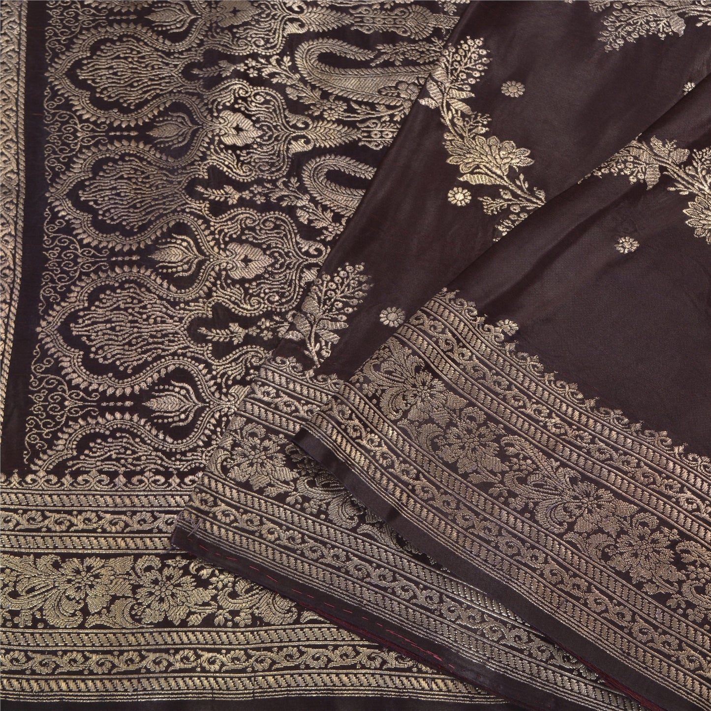 Sanskriti Vintage Dark Brown Sarees Pure Satin Silk Brocade/Banarasi Sari Fabric