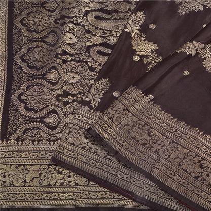 Sanskriti Vintage Dark Brown Sarees Pure Satin Silk Brocade/Banarasi Sari Fabric