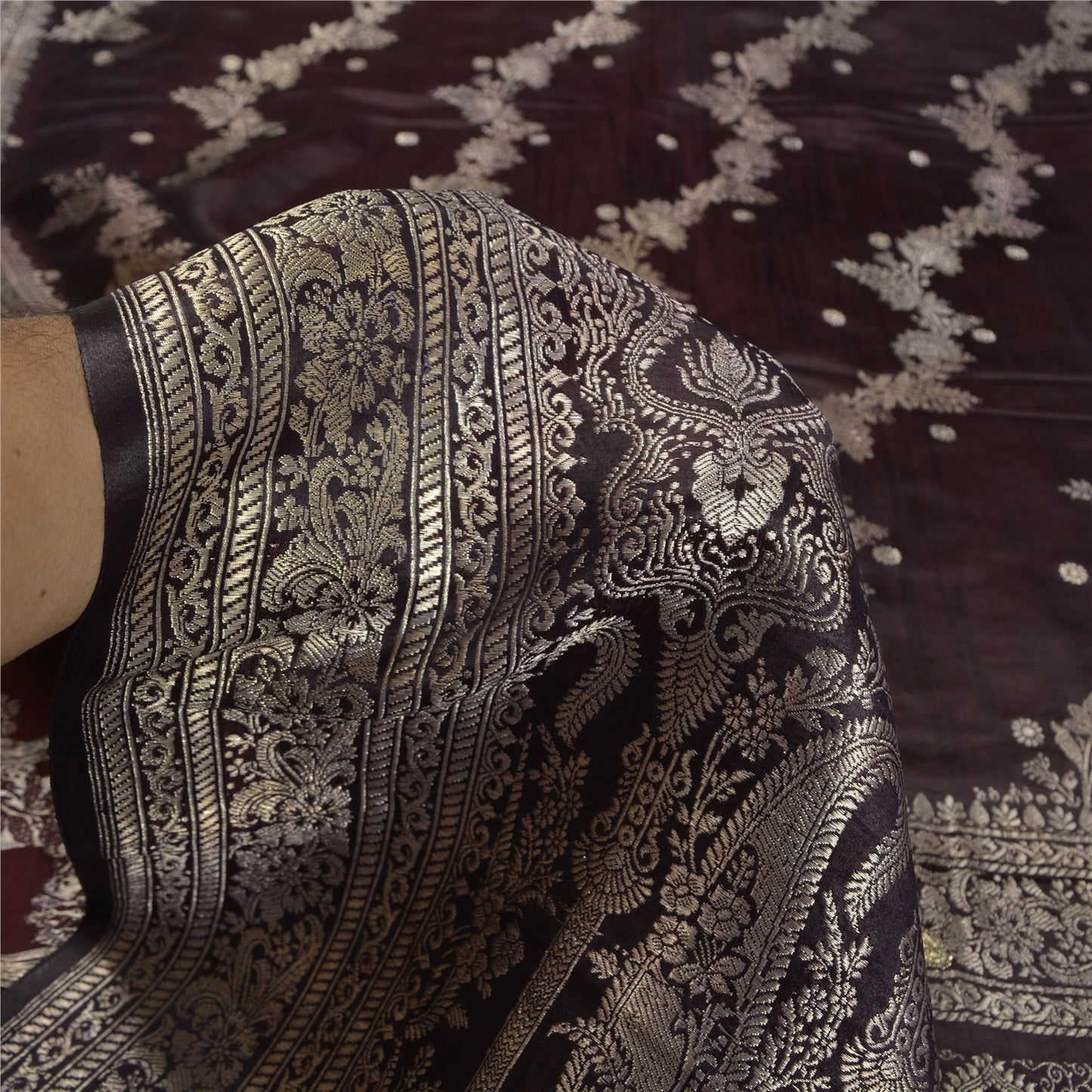 Sanskriti Vintage Dark Brown Sarees Pure Satin Silk Brocade/Banarasi Sari Fabric