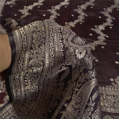 Sanskriti Vintage Dark Brown Sarees Pure Satin Silk Brocade/Banarasi Sari Fabric
