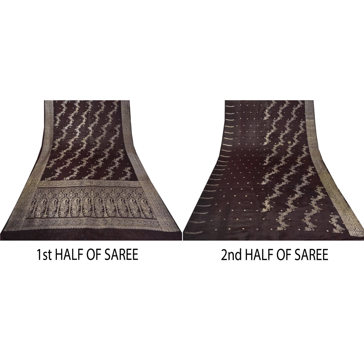 Sanskriti Vintage Dark Brown Sarees Pure Satin Silk Brocade/Banarasi Sari Fabric