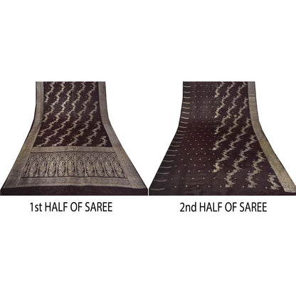 Sanskriti Vintage Dark Brown Sarees Pure Satin Silk Brocade/Banarasi Sari Fabric