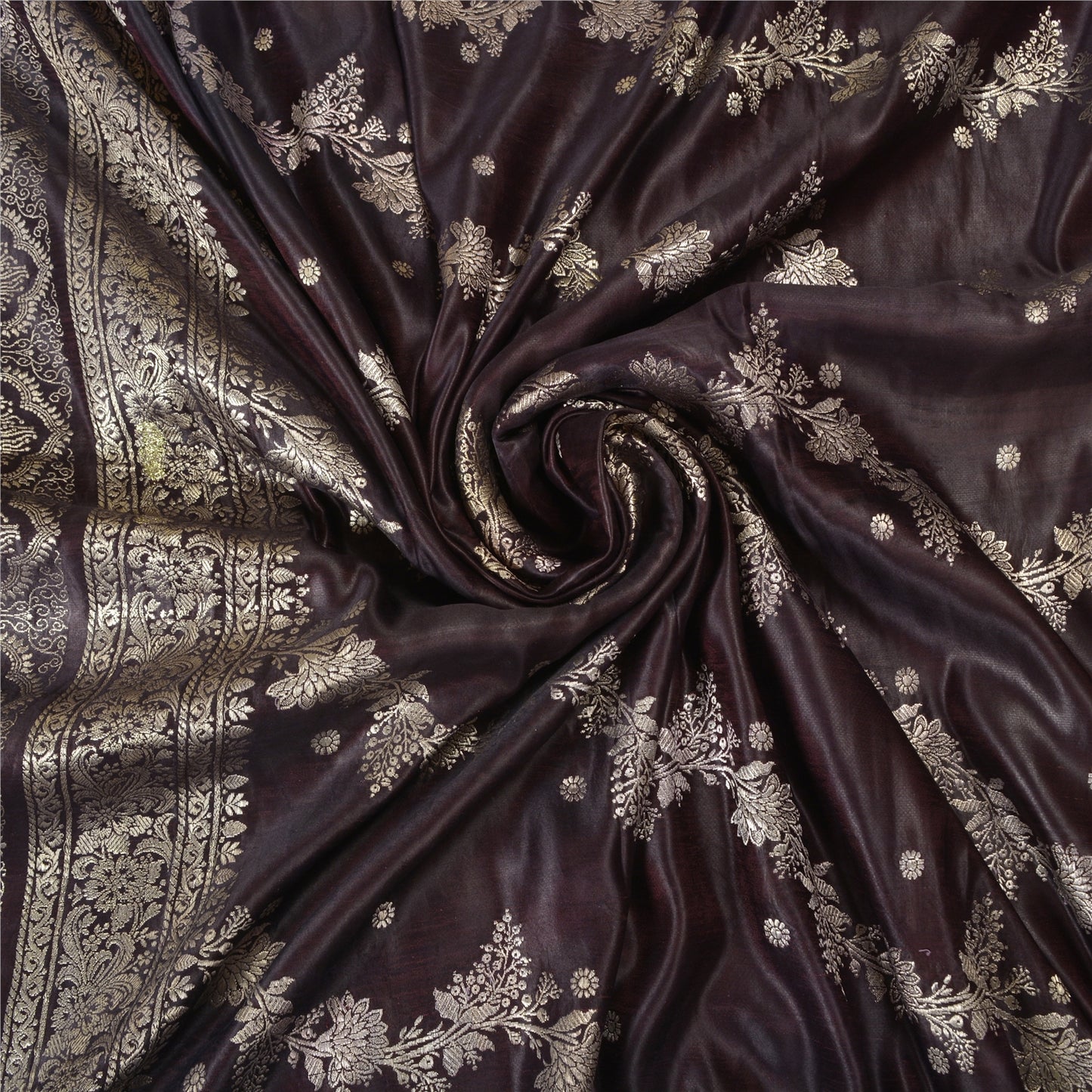 Sanskriti Vintage Dark Brown Sarees Pure Satin Silk Brocade/Banarasi Sari Fabric