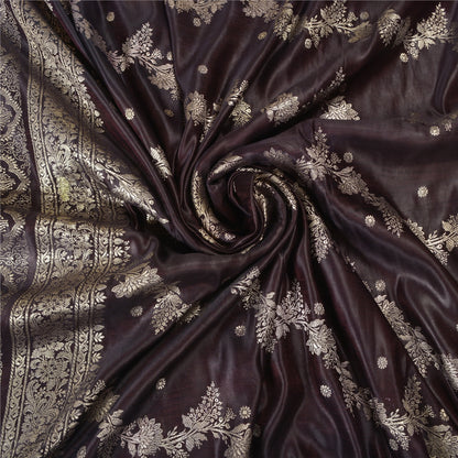 Sanskriti Vintage Dark Brown Sarees Pure Satin Silk Brocade/Banarasi Sari Fabric