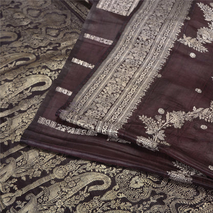 Sanskriti Vintage Dark Brown Sarees Pure Satin Silk Brocade/Banarasi Sari Fabric