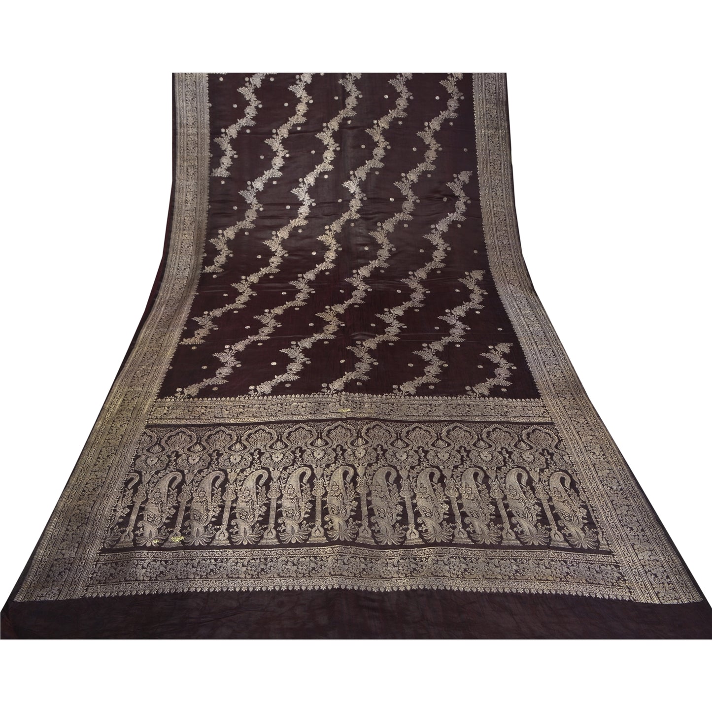 Sanskriti Vintage Dark Brown Sarees Pure Satin Silk Brocade/Banarasi Sari Fabric
