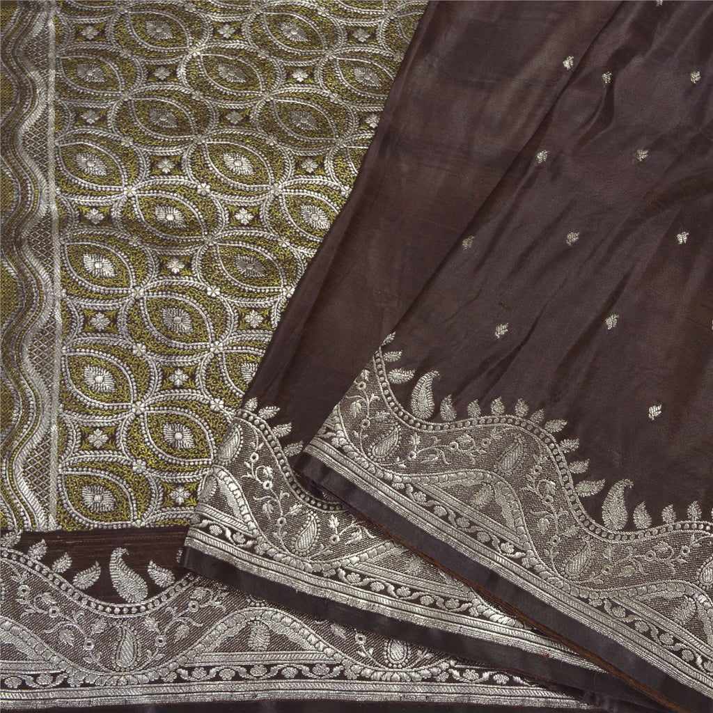 Sanskriti Vintage Brown Sarees Pure Satin Woven Brocade/Banarasi Sari Fabric