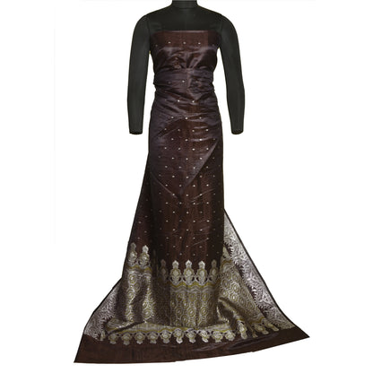 Sanskriti Vintage Brown Sarees Pure Satin Woven Brocade/Banarasi Sari Fabric