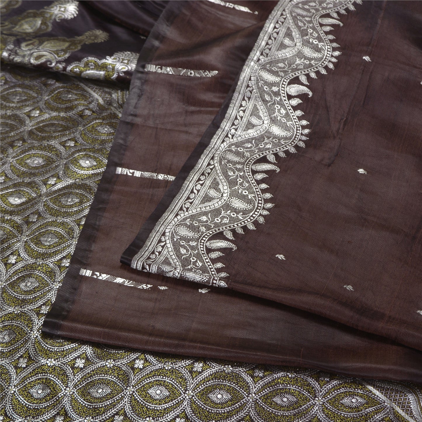 Sanskriti Vintage Brown Sarees Pure Satin Woven Brocade/Banarasi Sari Fabric