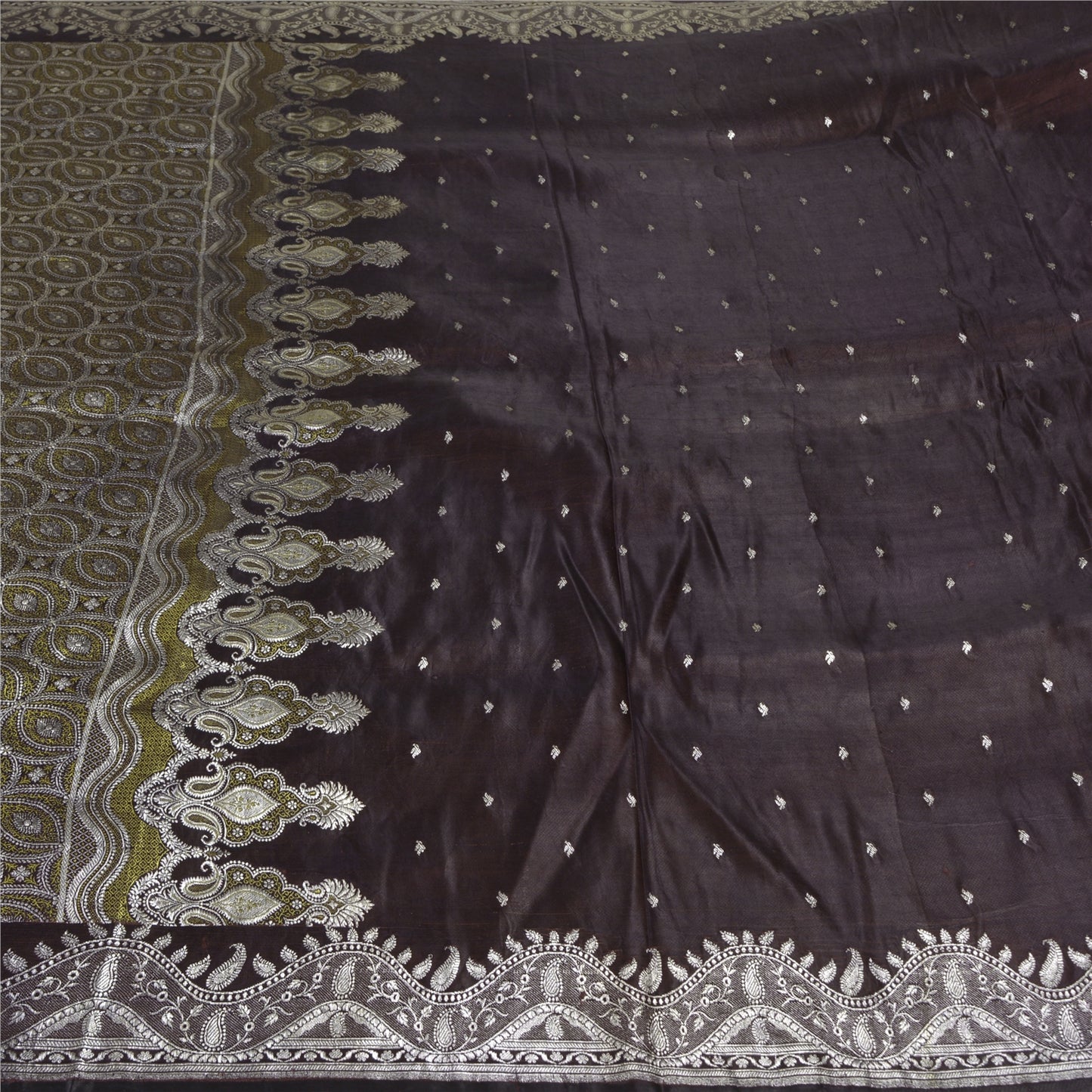 Sanskriti Vintage Brown Sarees Pure Satin Woven Brocade/Banarasi Sari Fabric