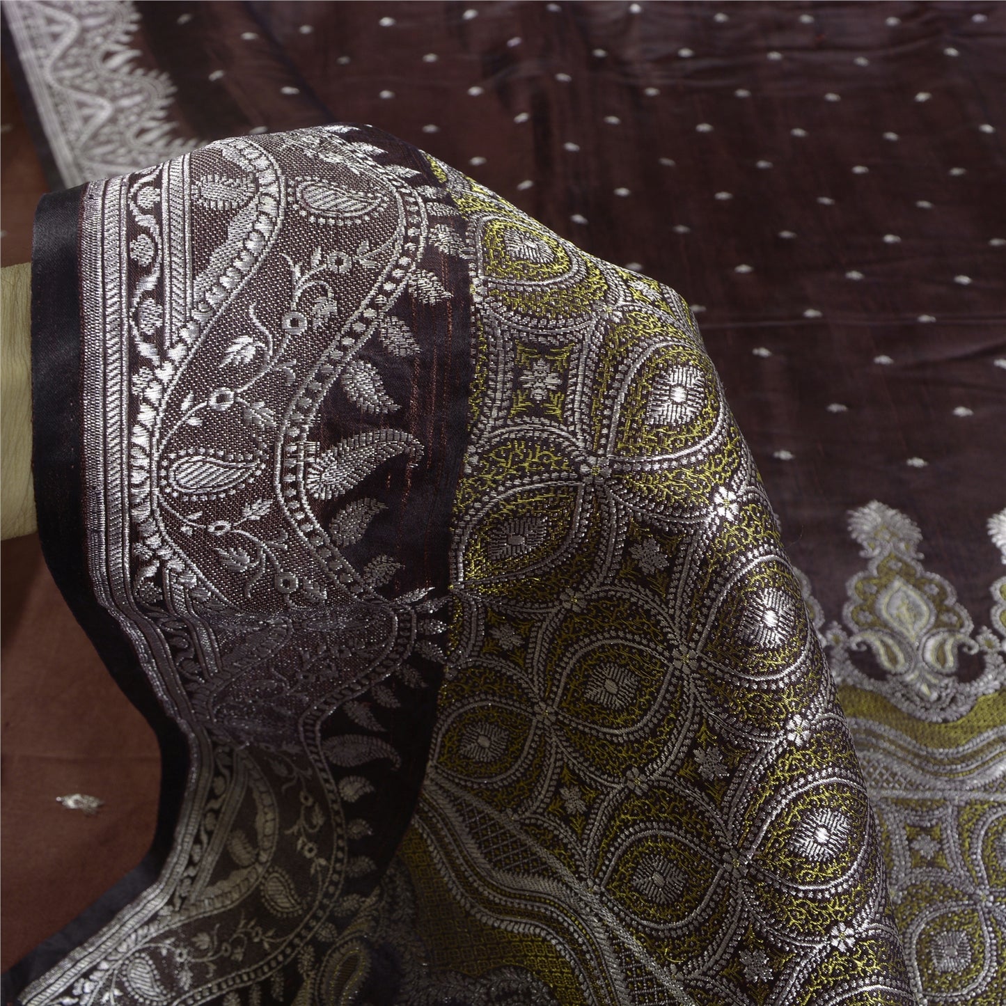 Sanskriti Vintage Brown Sarees Pure Satin Woven Brocade/Banarasi Sari Fabric