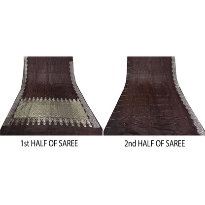 Sanskriti Vintage Brown Sarees Pure Satin Woven Brocade/Banarasi Sari Fabric