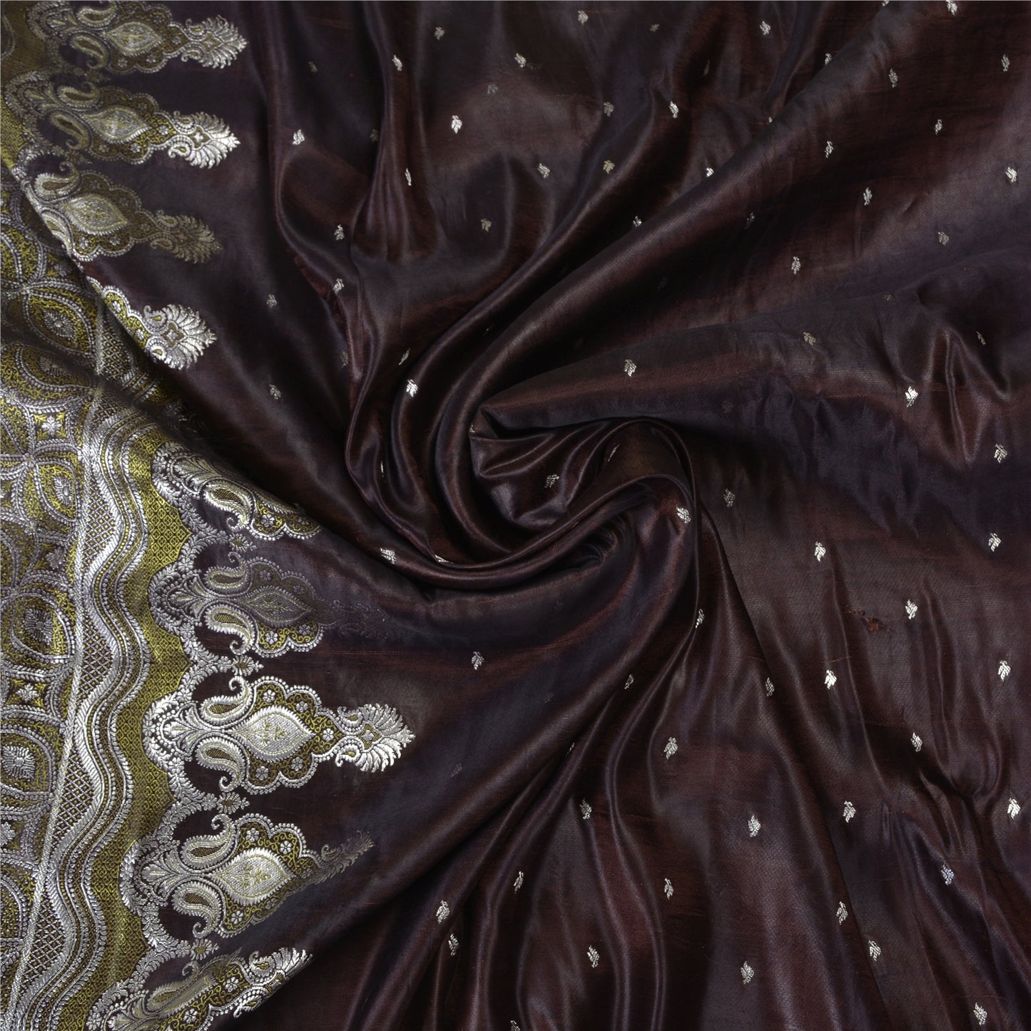 Sanskriti Vintage Brown Sarees Pure Satin Woven Brocade/Banarasi Sari Fabric