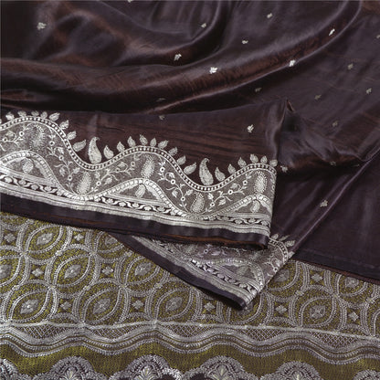 Sanskriti Vintage Brown Sarees Pure Satin Woven Brocade/Banarasi Sari Fabric