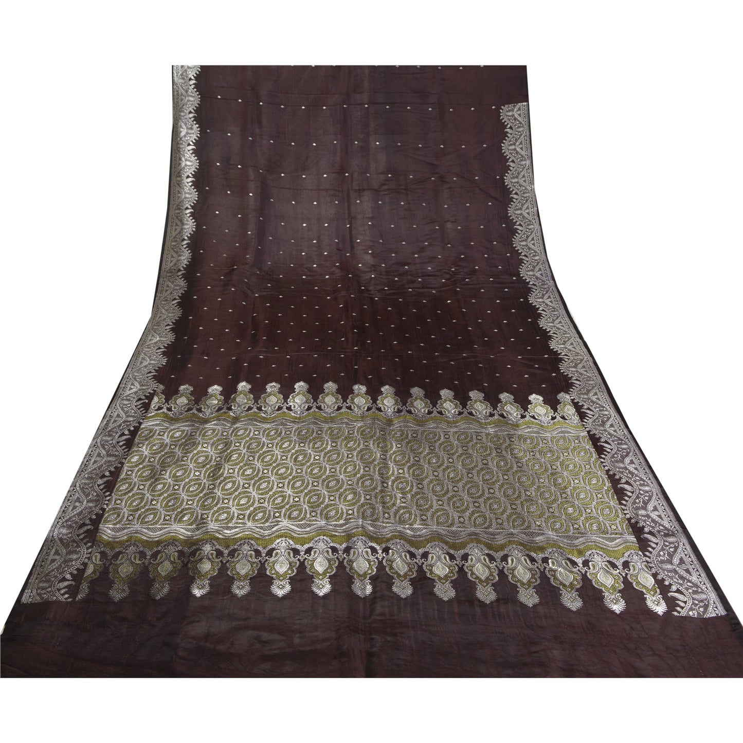 Sanskriti Vintage Brown Sarees Pure Satin Woven Brocade/Banarasi Sari Fabric