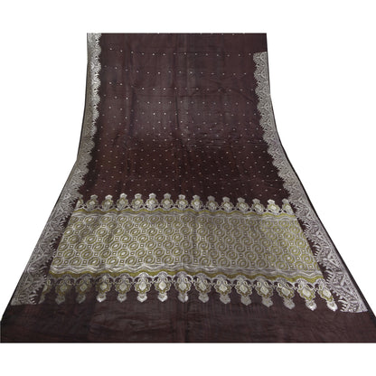 Sanskriti Vintage Brown Sarees Pure Satin Woven Brocade/Banarasi Sari Fabric