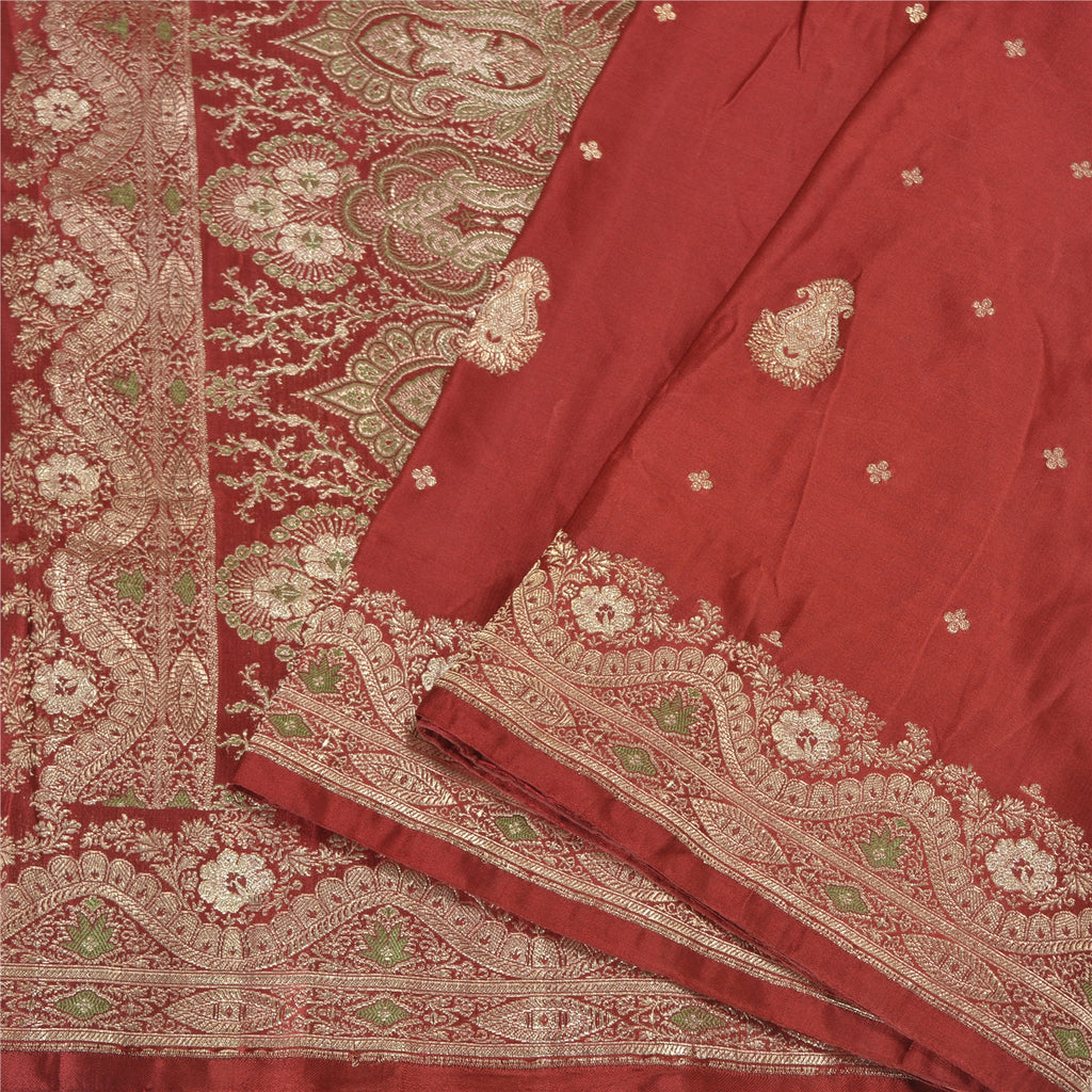 Sanskriti Vintage Dark Red Sarees Pure Satin Woven Brocade/Banarasi Sari Sustainable Fabric