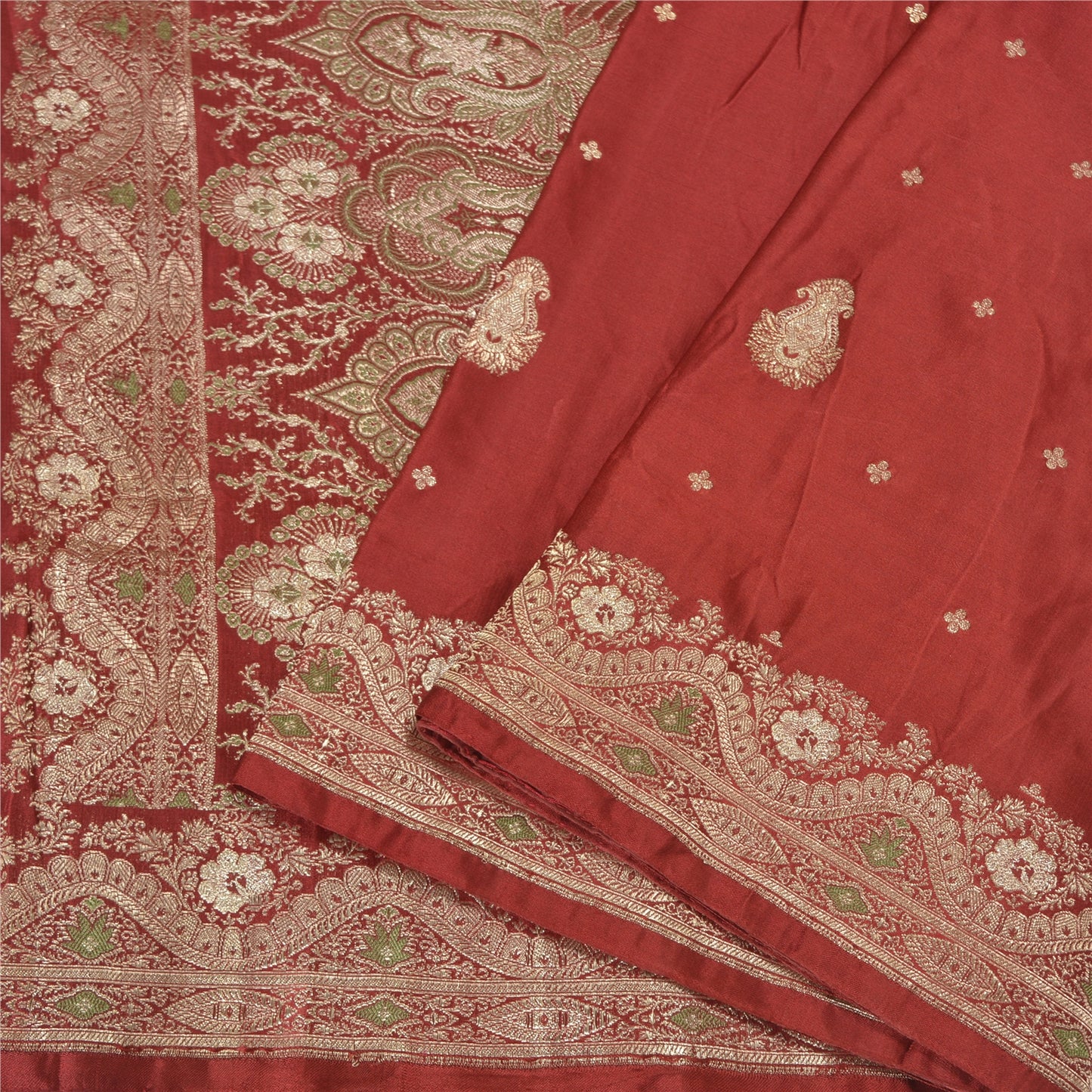 Sanskriti Vintage Dark Red Sarees Pure Satin Woven Brocade/Banarasi Sari Sustainable Fabric