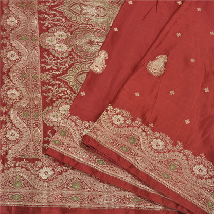 Sanskriti Vintage Dark Red Sarees Pure Satin Woven Brocade/Banarasi Sari Sustainable Fabric