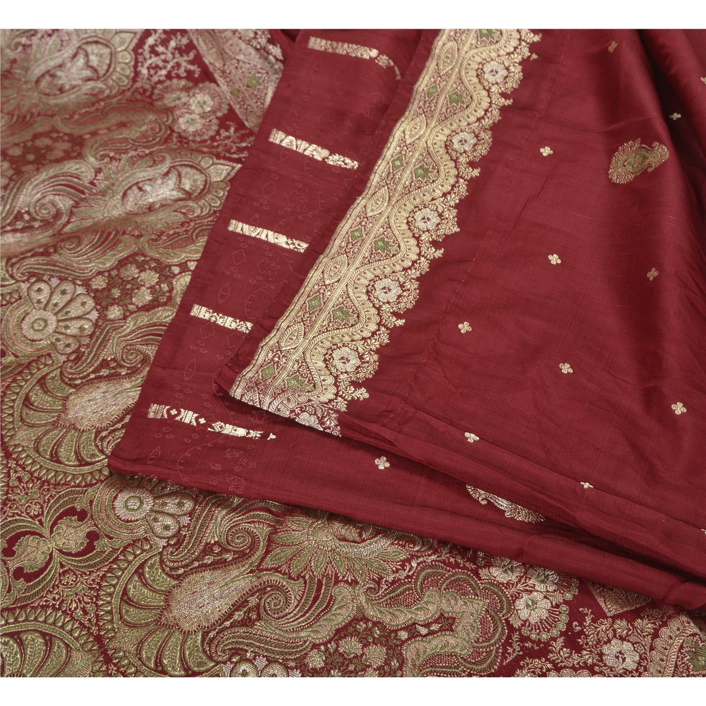 Sanskriti Vintage Dark Red Sarees Pure Satin Woven Brocade/Banarasi Sari Sustainable Fabric