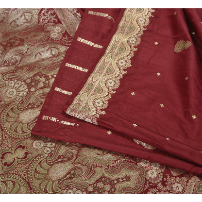 Sanskriti Vintage Dark Red Sarees Pure Satin Woven Brocade/Banarasi Sari Sustainable Fabric