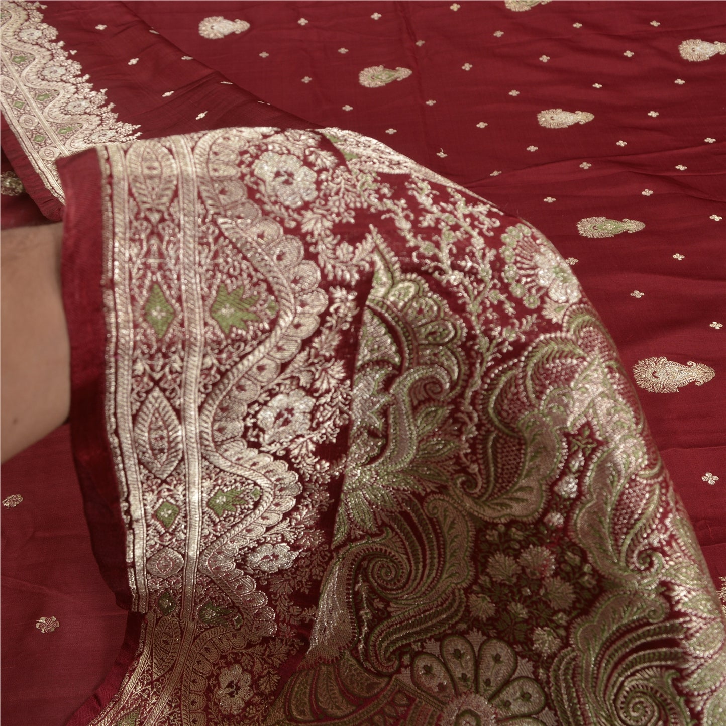 Sanskriti Vintage Dark Red Sarees Pure Satin Woven Brocade/Banarasi Sari Sustainable Fabric