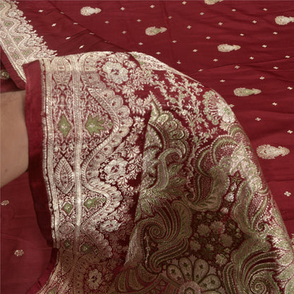 Sanskriti Vintage Dark Red Sarees Pure Satin Woven Brocade/Banarasi Sari Sustainable Fabric
