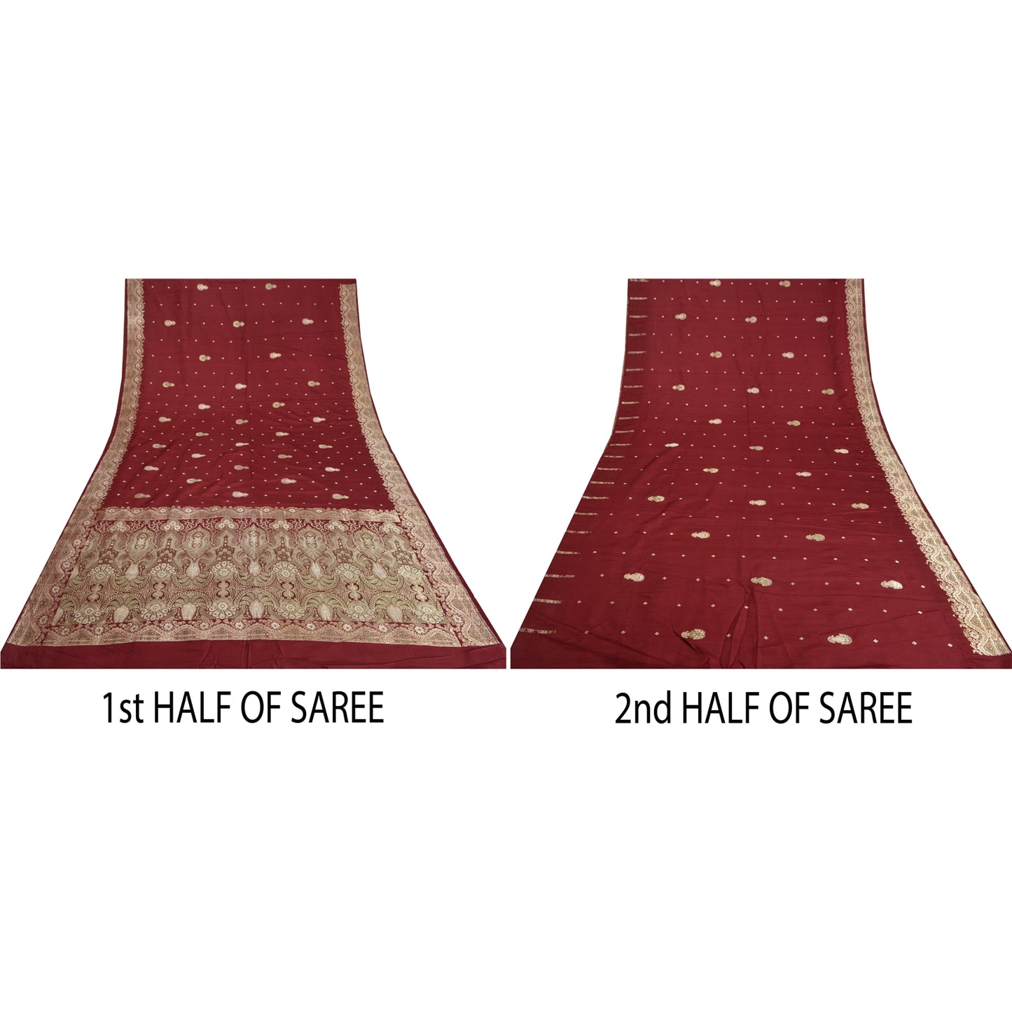 Sanskriti Vintage Dark Red Sarees Pure Satin Woven Brocade/Banarasi Sari Sustainable Fabric