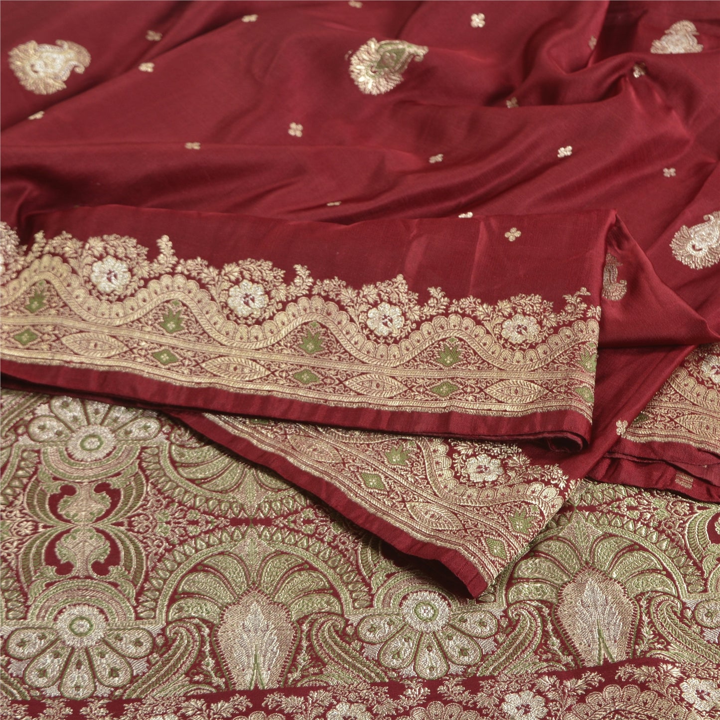 Sanskriti Vintage Dark Red Sarees Pure Satin Woven Brocade/Banarasi Sari Sustainable Fabric