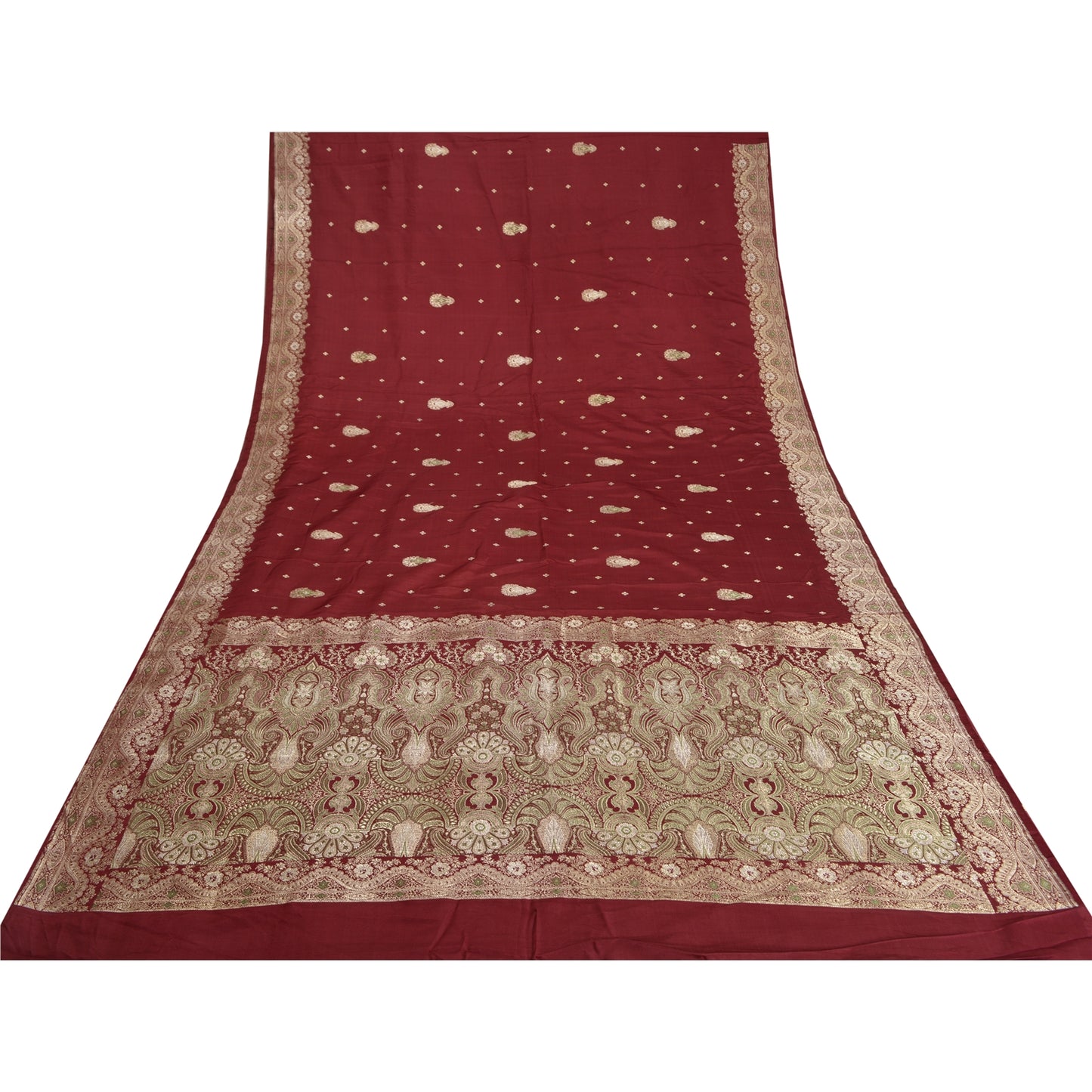 Sanskriti Vintage Dark Red Sarees Pure Satin Woven Brocade/Banarasi Sari Sustainable Fabric