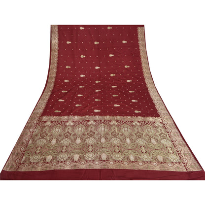 Sanskriti Vintage Dark Red Sarees Pure Satin Woven Brocade/Banarasi Sari Sustainable Fabric