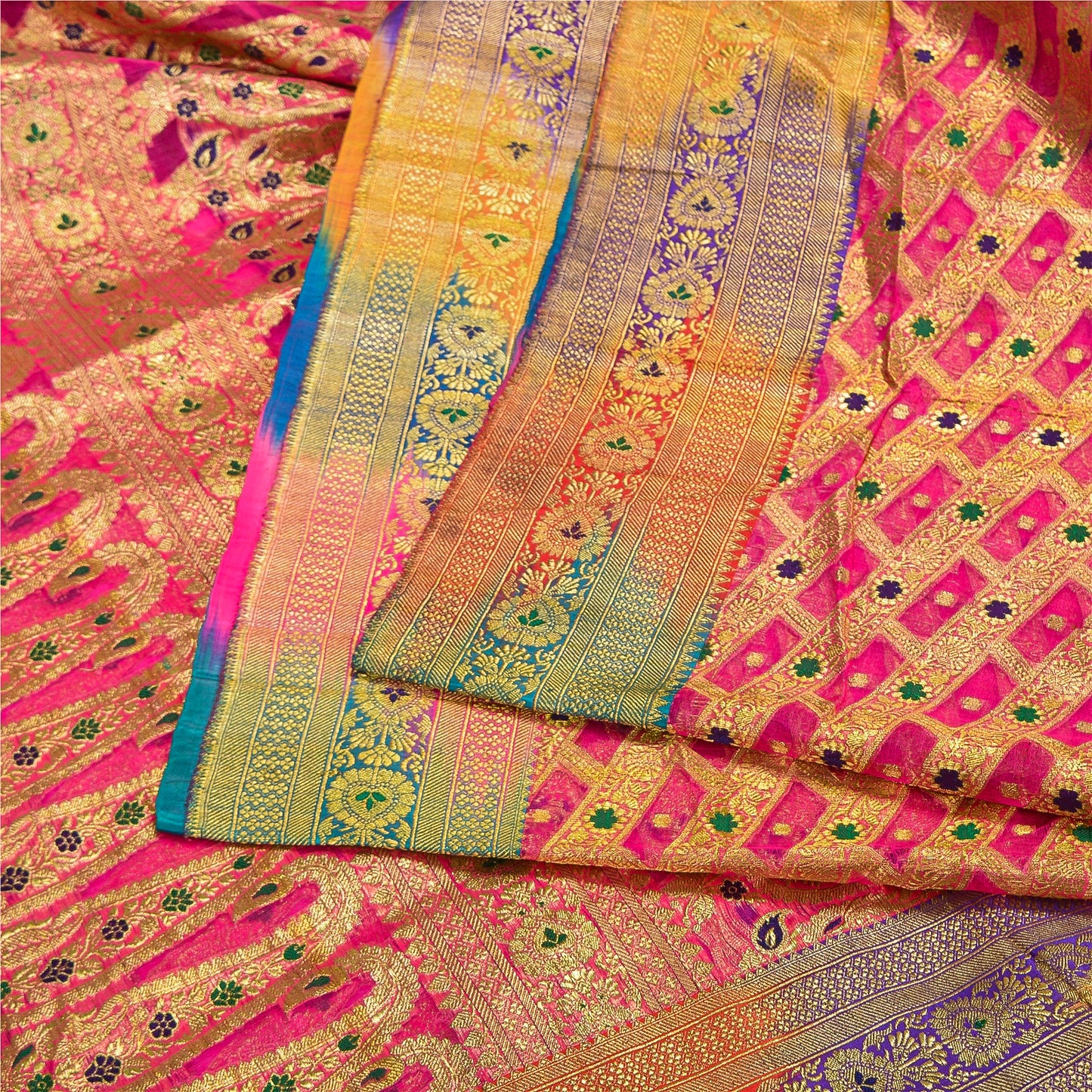 Sanskriti Vintage Pink Sarees Pure Silk Rankat Zari Hand Woven Brocade 5 Yard