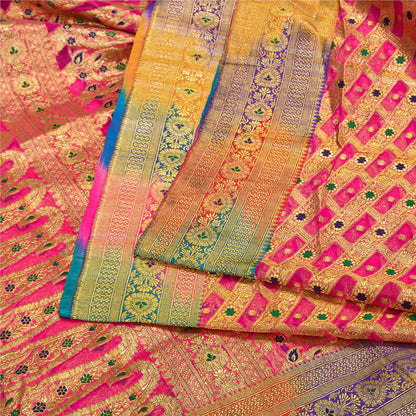 Sanskriti Vintage Pink Sarees Pure Silk Rankat Zari Hand Woven Brocade 5 Yard