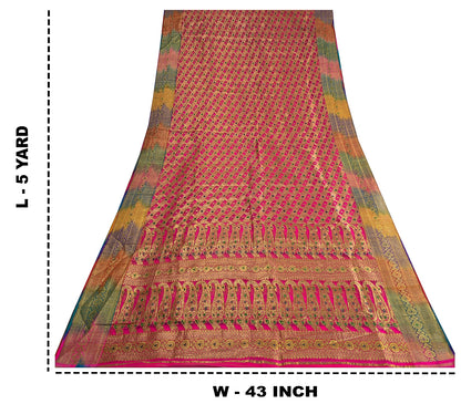 Sanskriti Vintage Pink Sarees Pure Silk Rankat Zari Hand Woven Brocade 5 Yard