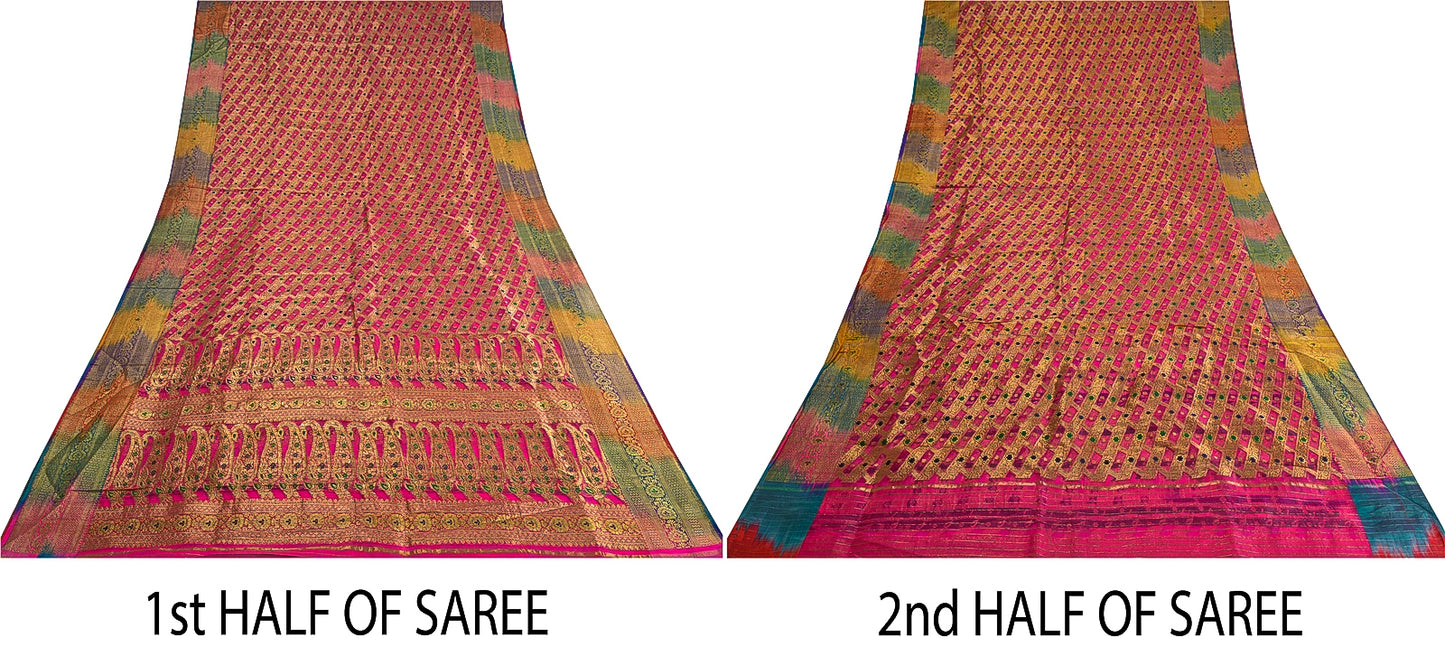 Sanskriti Vintage Pink Sarees Pure Silk Rankat Zari Hand Woven Brocade 5 Yard