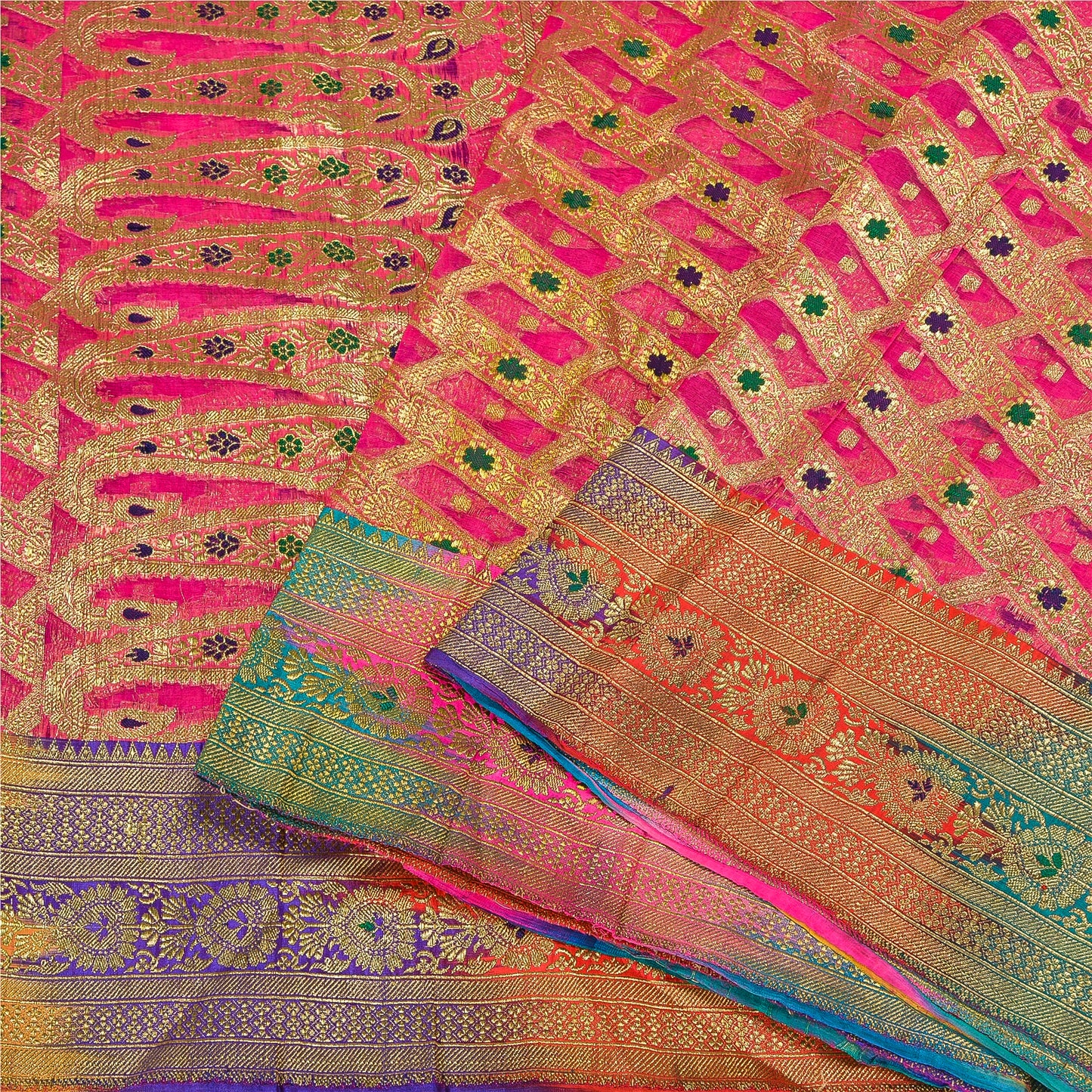 Sanskriti Vintage Pink Sarees Pure Silk Rankat Zari Hand Woven Brocade 5 Yard