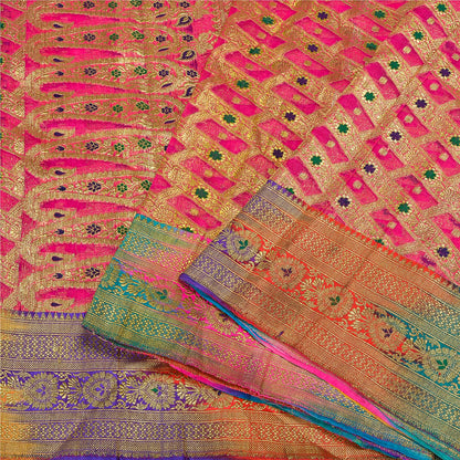 Sanskriti Vintage Pink Sarees Pure Silk Rankat Zari Hand Woven Brocade 5 Yard